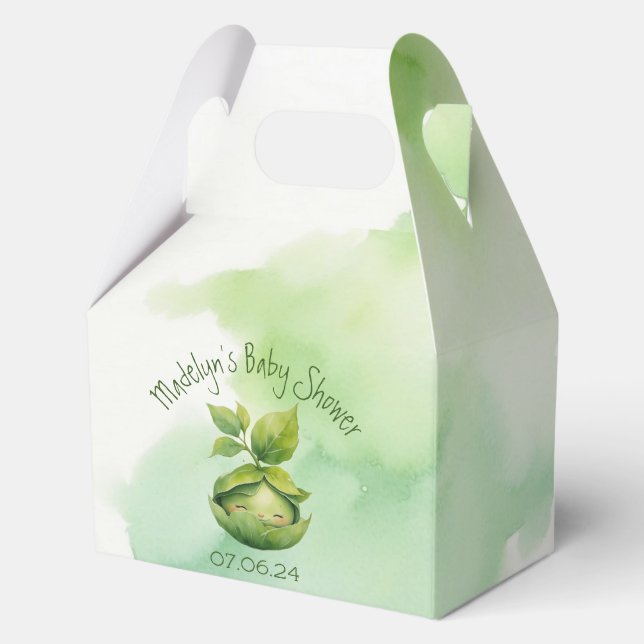 Green Custom Illustrated Nature Baby Shower Favor Boxes (Front)