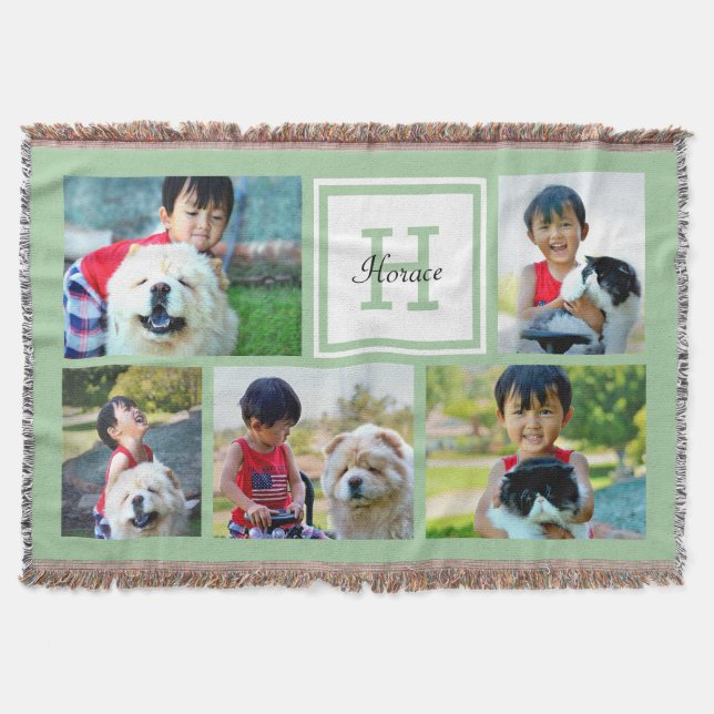 Green Custom Monogrammed 5 Photo Picture Collage Throw Blanket (Front)