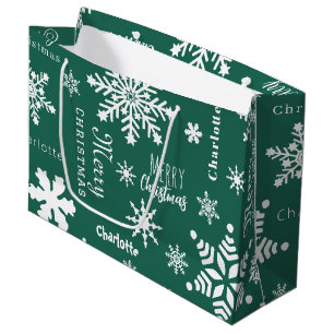 Green Custom Name Christmas Holiday Snow Large Gift Bag