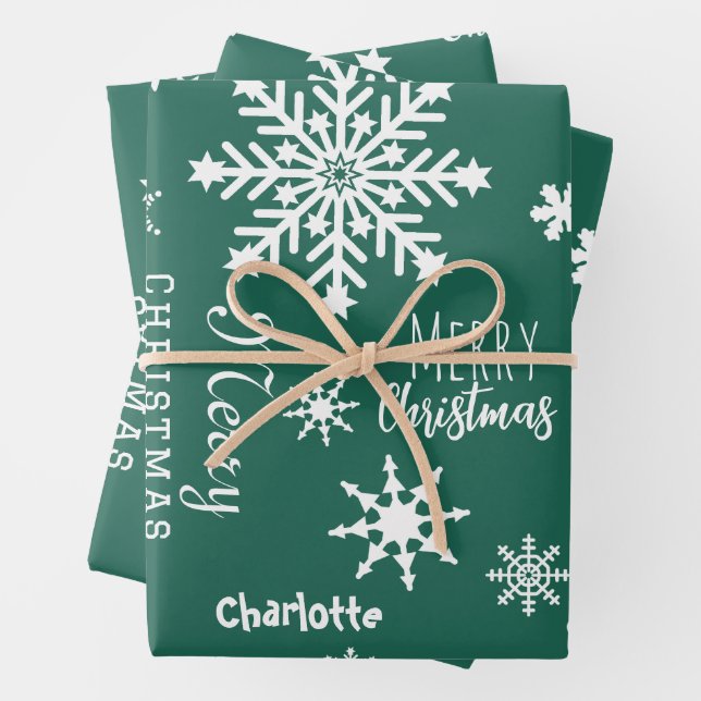 Green Custom Name Christmas Holiday Snow Wrapping Paper Sheets (In situ)