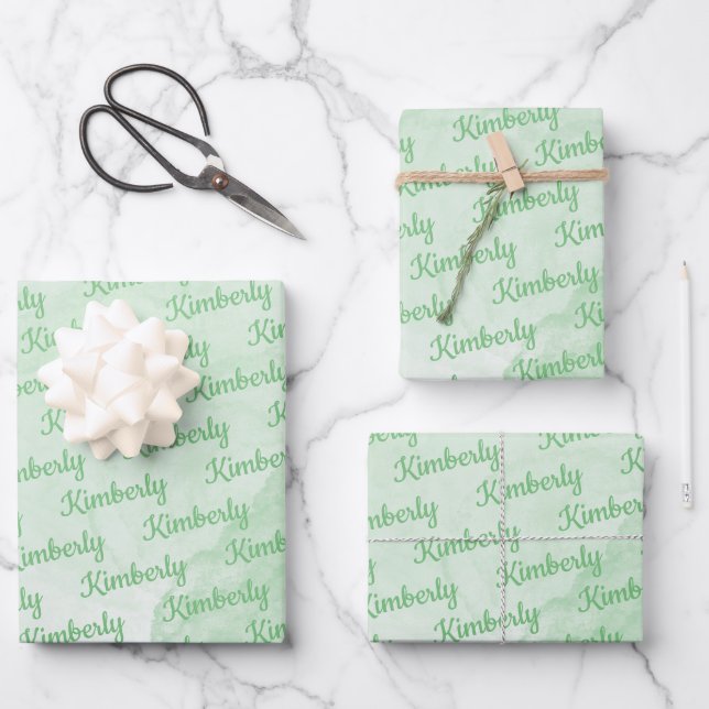 Green Custom Name Personalized Wrapping Paper Sheets (Front)