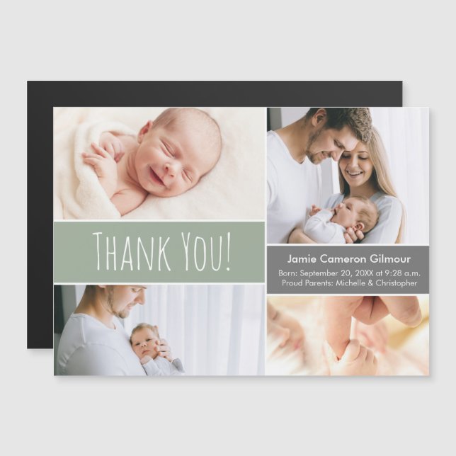 Green Custom Newborn Multiple photos birth stats Magnetic Invitation (Front/Back)