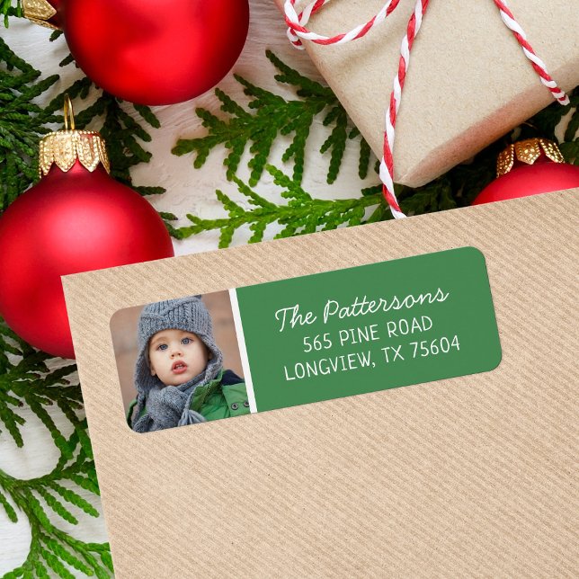 Green Custom Photo Holiday Return Address Label (Creator Uploaded)