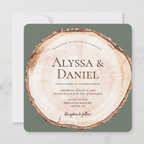 Green Custom Rustic Wedding Wood Cut Grain  Invitation