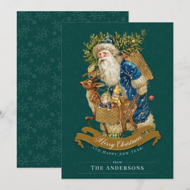 Green Custom Vintage Santa Claus Christmas Card (Front/Back)