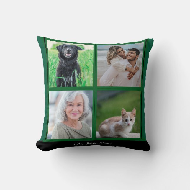 Green Customizable Family Name and Photo collage  Throw Pillow (Front)