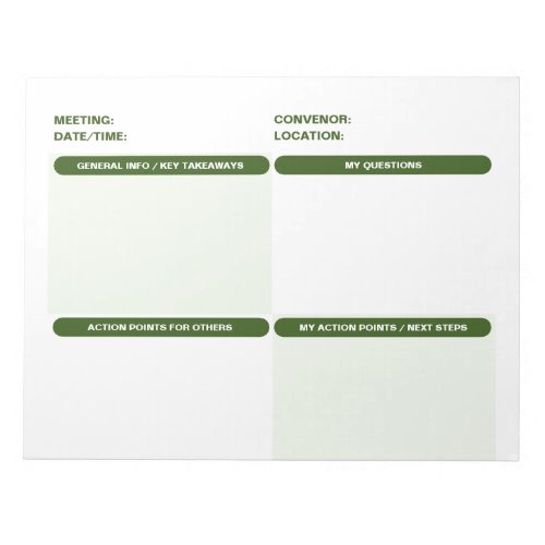 Green Customizable Four Part MEETING NOTES Notepad