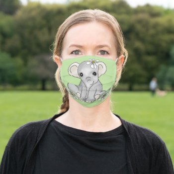 Green Cute Baby Elephant With Daisies Child's Adult Cloth Face Mask by EleSil at Zazzle