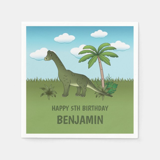 Green Cute Brachiosaurus Dinosaur Kid's Birthday Napkins (Front)