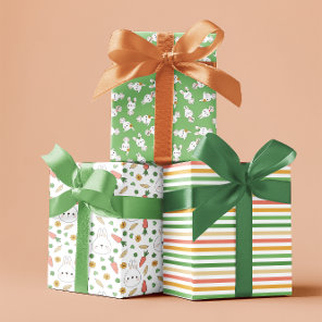 Green Cute Bunnies Stripes Neutral Baby Shower Wrapping Paper Sheets