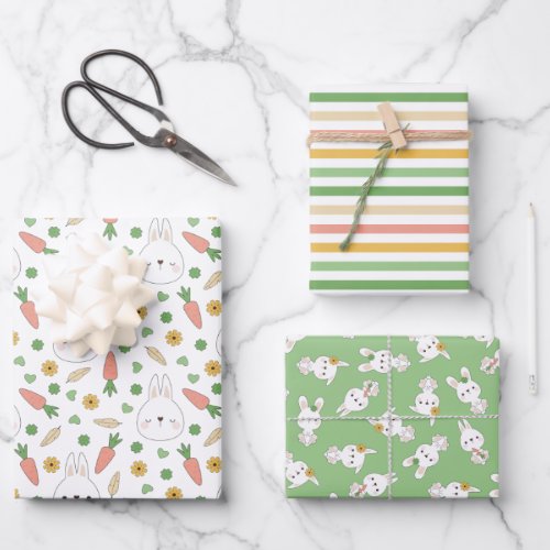 Green Cute Bunnies Stripes Neutral Baby Shower Wrapping Paper Sheets