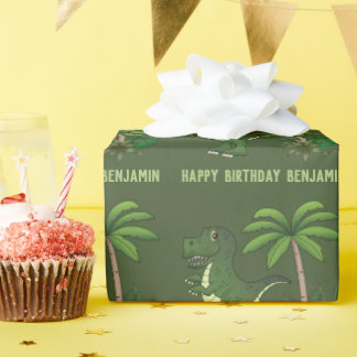 Green Cute Cartoon T-rex Dinosaur Happy Birthday Wrapping Paper