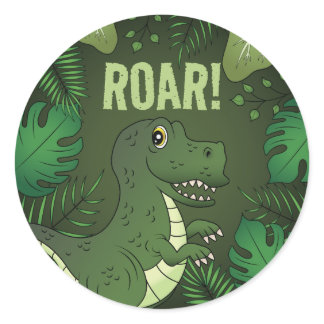 Green Cute Cartoon T-rex Dinosaur With Roar Text Classic Round Sticker