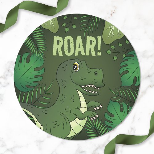 Green Cute Cartoon T_rex Dinosaur With Roar Text Classic Round Sticker