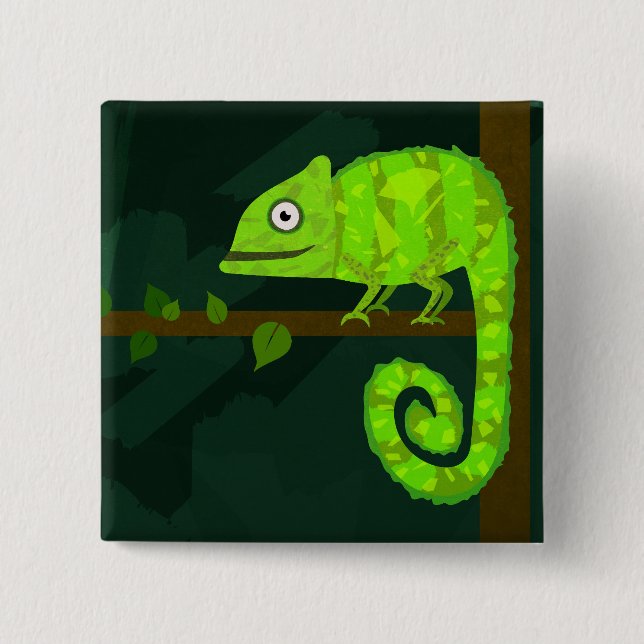 Green cute chameleon button (Front)