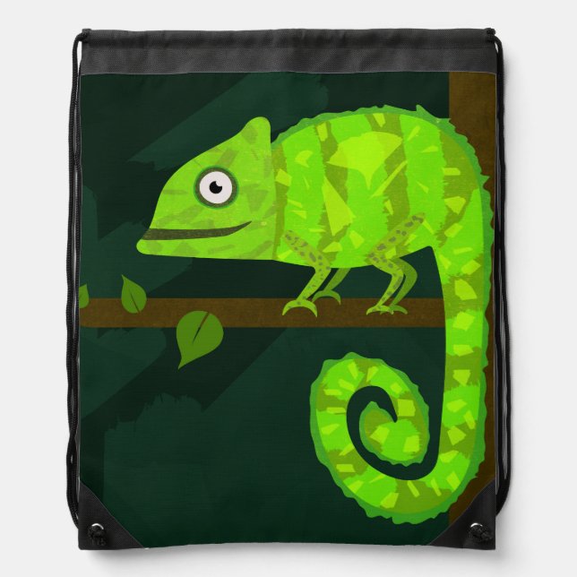 Green cute chameleon drawstring bag (Front)