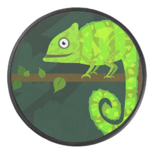 Green cute chameleon hockey puck