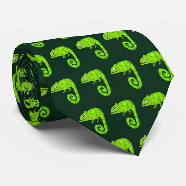 Green cute chameleon neck tie (Rolled)