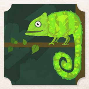 Green cute chameleon paper coaster