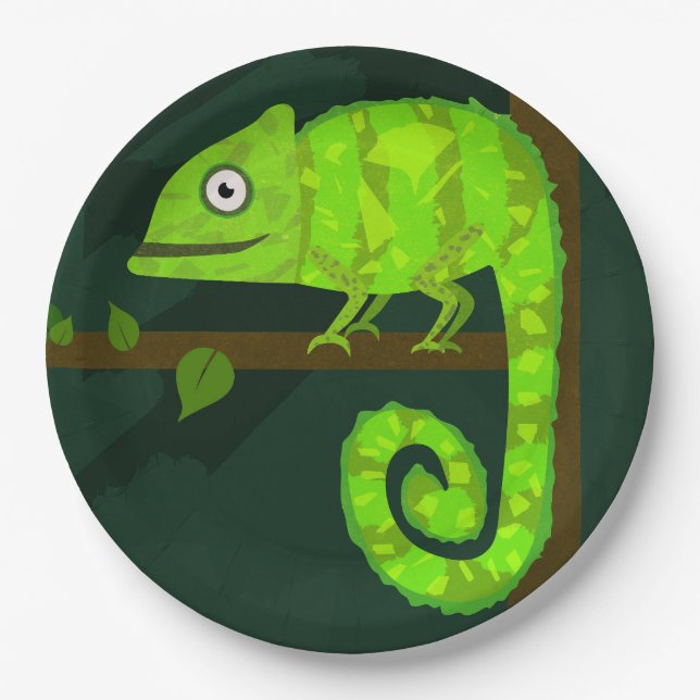 Green cute chameleon paper plates (Front)