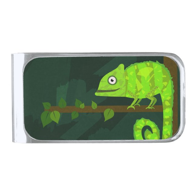 Green cute chameleon silver finish money clip (Front)