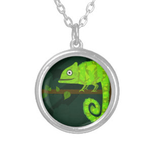 Green cute chameleon silver plated necklace