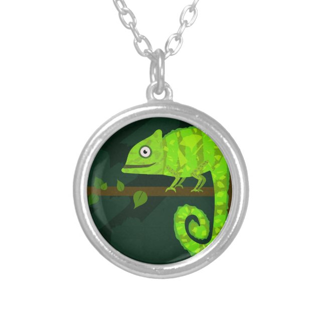 Green cute chameleon silver plated necklace (Front)