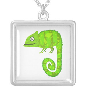 Green cute chameleon silver plated necklace