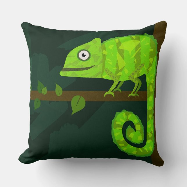 Green cute chameleon throw pillow (Front)