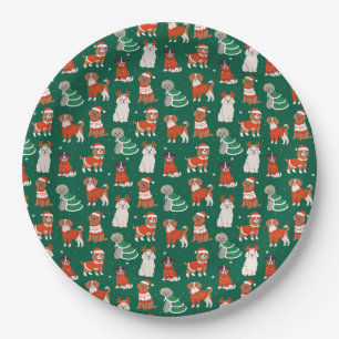 Green Cute Christmas Dogs Holiday Puppy Pattern Paper Plates
