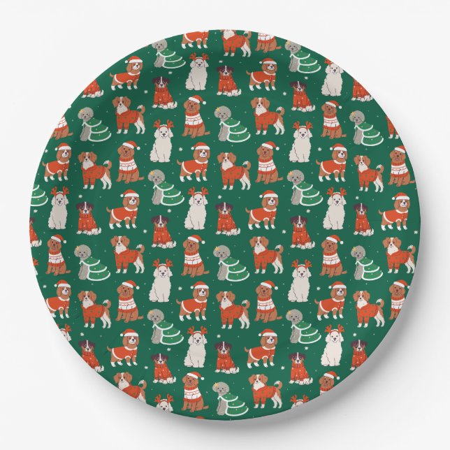 Green Cute Christmas Dogs Holiday Puppy Pattern Paper Plates (Front)