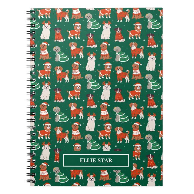 Green Cute Christmas Dogs Personalized Notebook (Front)