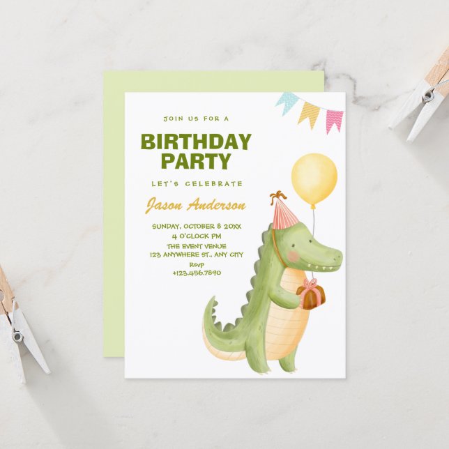 Green cute crocodile birthday invitation (Front/Back In Situ)