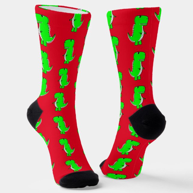 Green Cute Dino Red Socks (Angled)