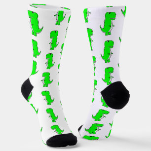 Green Cute Dino White Socks