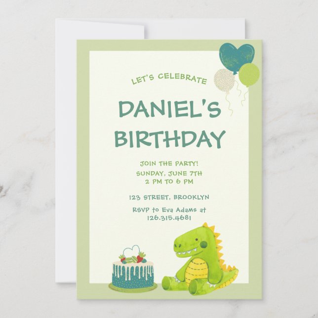 Green Cute Dinosaur Birthday Party Invitation (Front)