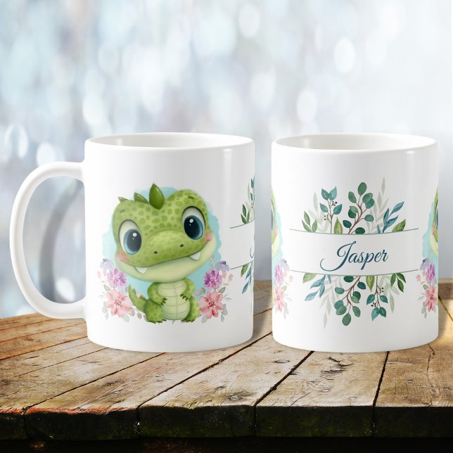 Green Cute Dinosaur Floral Themed Personalized  Coffee Mug (Creator Uploaded)