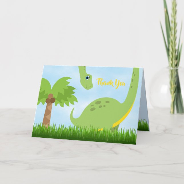 Green Cute Dinosaur Thank You Folded Card (Front)