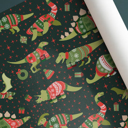 Green Cute Dinosaurs Christmas Sweaters Wrapping Paper