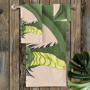 Green Cute Dragon Portrait Peach Fantasy Bath Towel Set