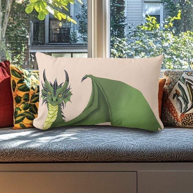 Green Cute Dragon Portrait Peach Lumbar Pillow (Creator Uploaded)