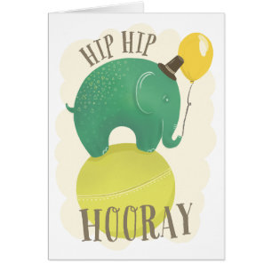 Green cute elephant. Kids birthday animal. Hooray Cards