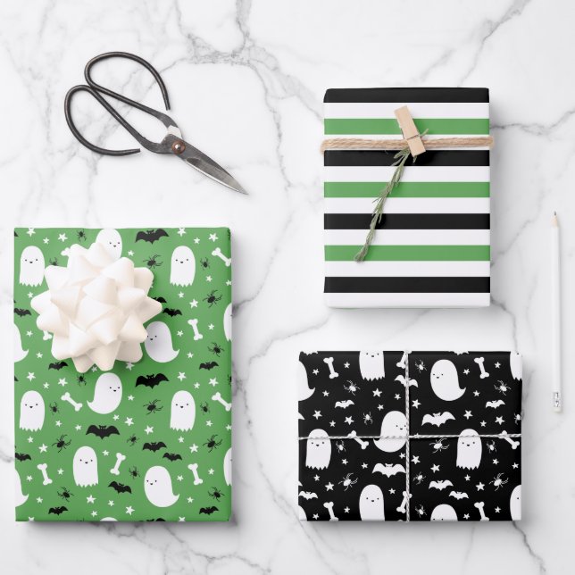 Green Cute Ghosts & Bats Orange Halloween Wrapping Paper Sheets (Front)