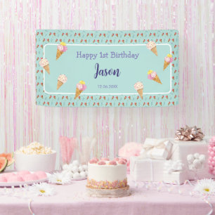 Green Cute Ice Cream Cone Kids Boy Birthday Banner