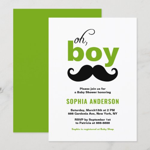 Green It's a Boy Mustache Baby Shower Invitations