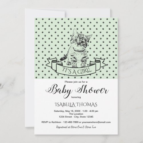 Green Cute Kitten Baby Shower Invitation