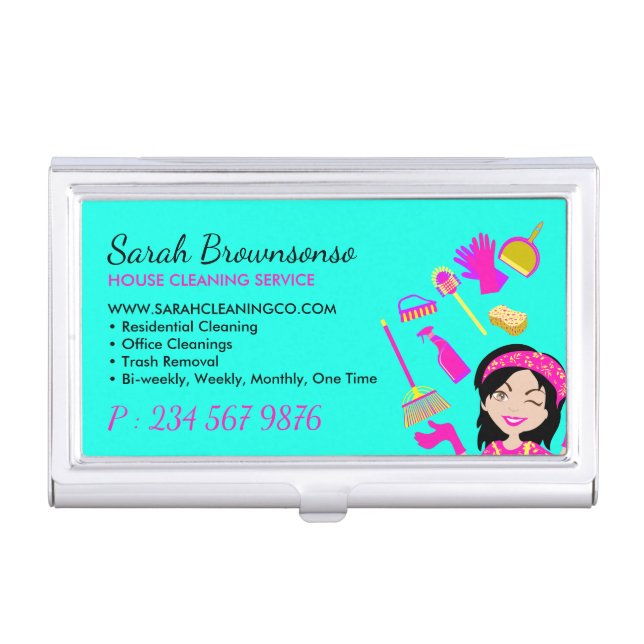 Green Cute Lady Cleaning Maid Business Card Case (Front)