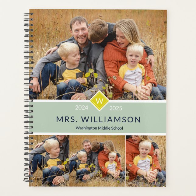 Green Cute Monogram And Photo Teacher Planner (Front)