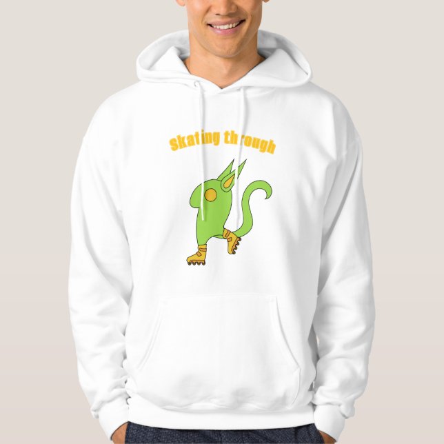 Green cute monster on skates hoodie (Front)