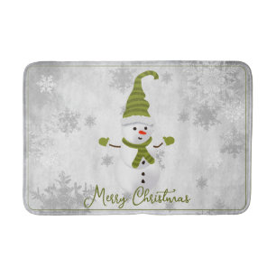 Green Cute Snowman Holiday Bath Mat